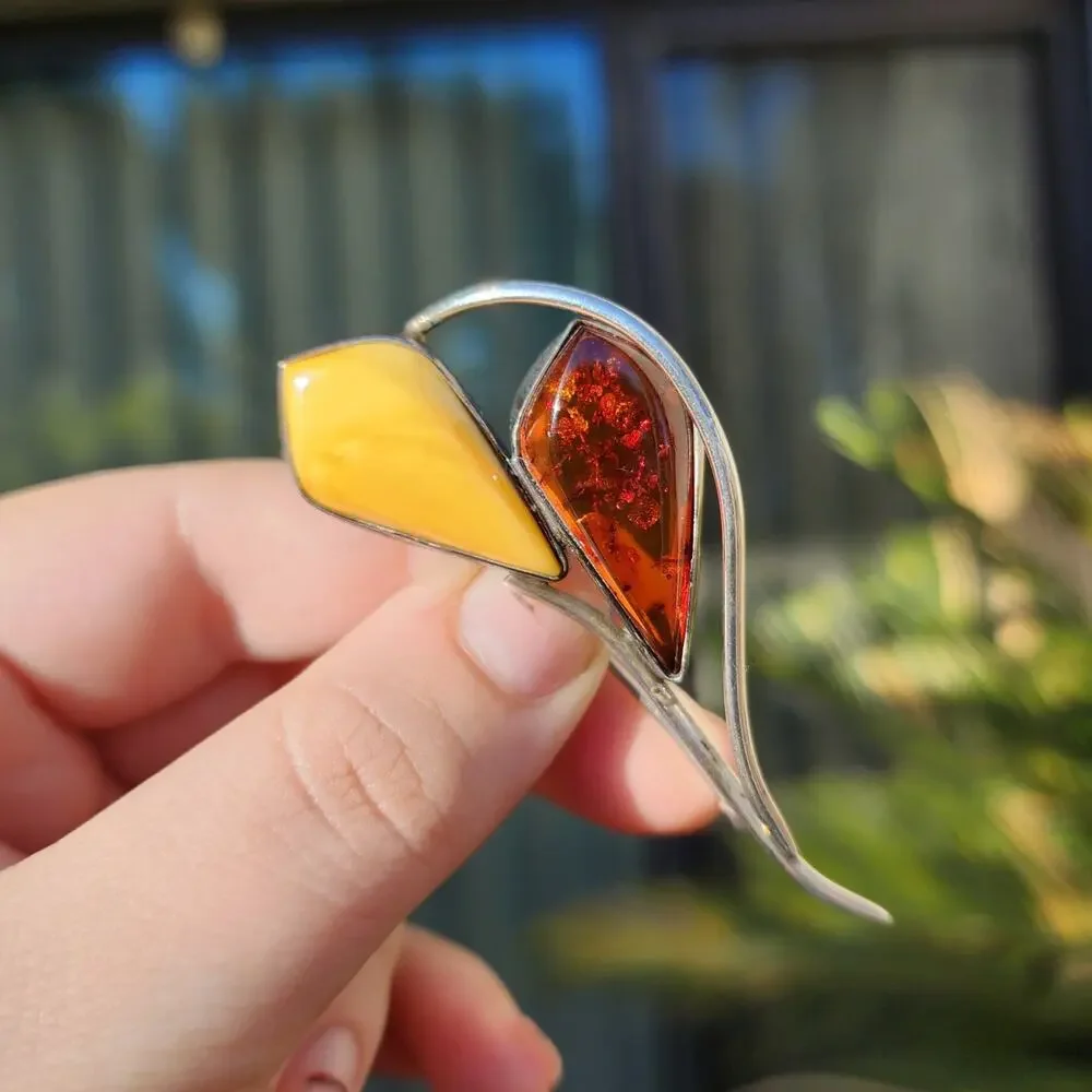 Vintage Amber Brooch Baltic Egg Yolk Sterling Silver Open Back Art Nouveau Pin